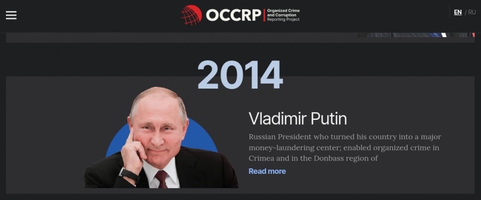 Presiden Rusia Vladimir Putin sebagai Tokoh Terkorup Dunia 2014 versi OCCRP. [occrp.org]