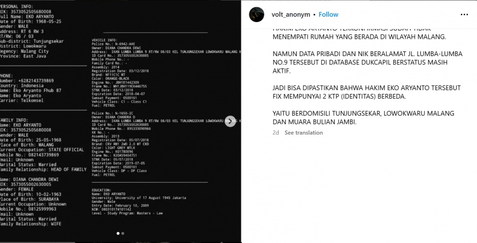 Unggahan hacker Volt Anonym soal kejanggalan identitas hakim Eko Aryanto (Instagram/volt_anonym)