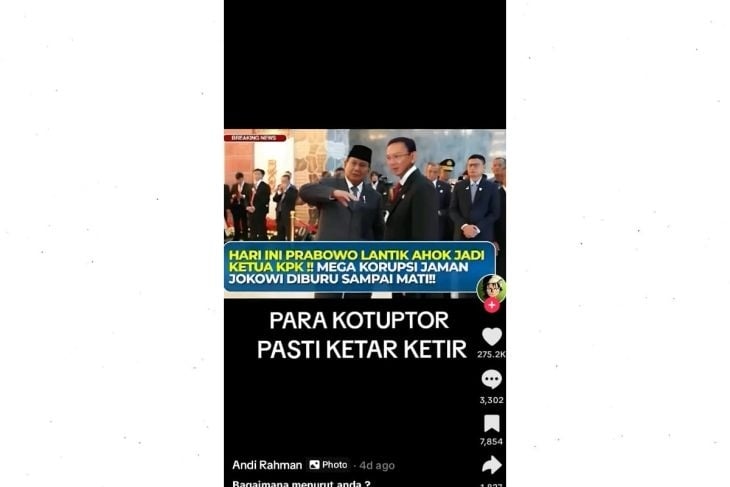 Cek fakta Prabowo lantik Ahok sebagai ketua KPK (Tiktok)