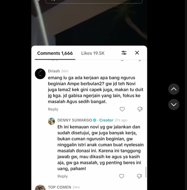 Balasan Denny Sumargo soal uang donasi Agus Salim (TikTok)