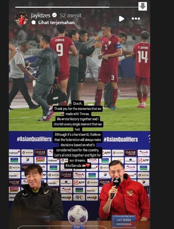 Kapten Timnas Indonesia, Jay Idzes turut berkomentar setelah PSSI mendepak Shin Tae-yong dari kursi pelatih. [Instagram Jay Idzes]