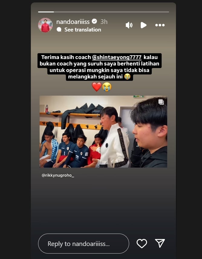 Ernando Ari beri respons usai Shin Tae-yong dipecat PSSI. (Instagram/@nandoariiiss)