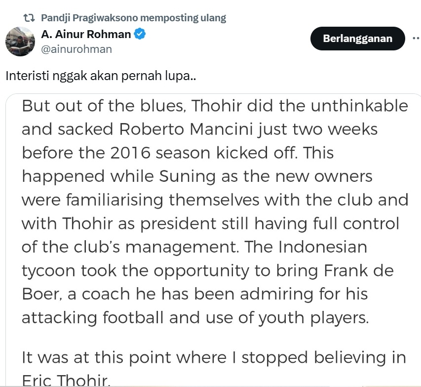 Unggahan ulang Pandji Pragiwaksono soal Erick Thohir (X)