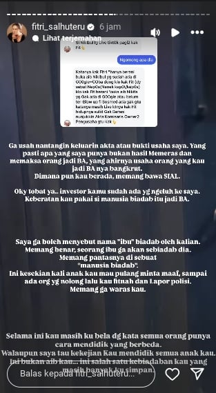 Fitri Salhuteru membahas soal kinerja Nikita Mirzani sebagai BA produk dan keluhan investor dr. Oky Pratama, lalu soal penolakan Nikita Mirzani saat Laura Meizani alias Lolly berusaha meminta maaf ke rumah. [Instagram Story/@fitri_salhuteru]