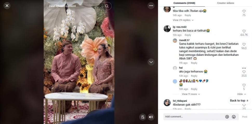 Mahalini membaca Al Fatihah di acara 7 bulanan. (TikTok/keanuagl)