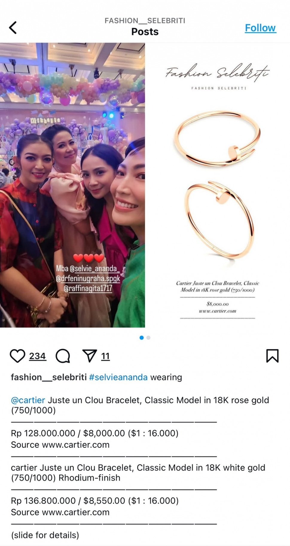 Gelang emas Selvi Ananda dari jenama Cartier seharga ratusan juta Rupiah. [Instagram/@fashion__selebriti]