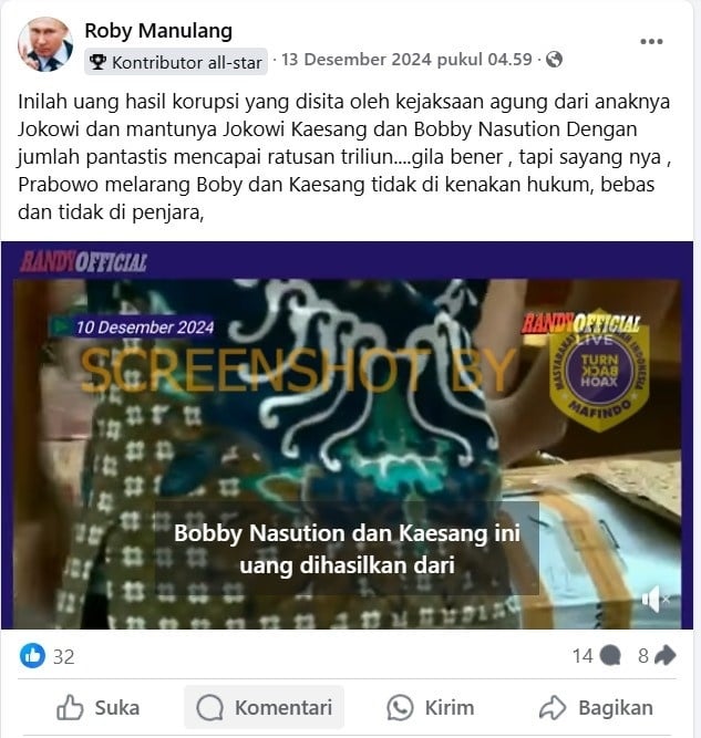 Cek Fakta uang korupsi Kaesang dan Bobby Nasution (Turnbackhoax)