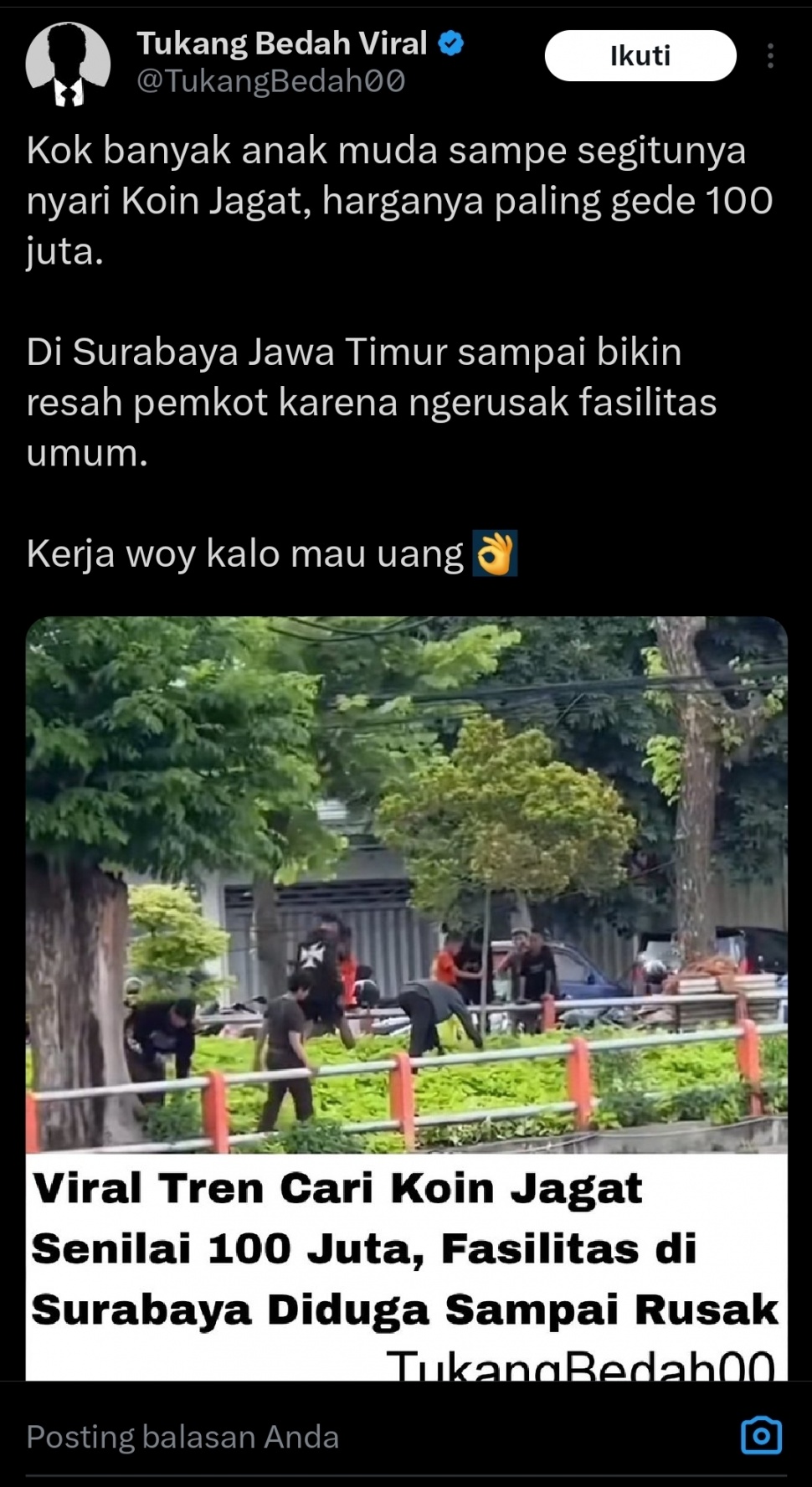 Tangkapan layar utasan koin jagat di X. 