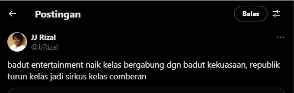 Cuitan JJ Rizal yang ikut geram terkait pengawalan mobil RI 36 Raffi Ahmad. (tangkapan layar/X)