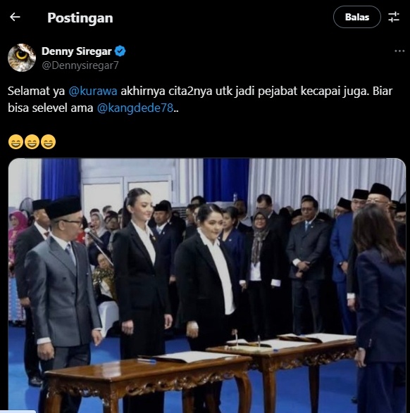 Cuitan Denny Siregar menyindir pelantikan pemilik akun @kurawa Rudi Valinka sebagai stafsus Menkomdigi, Meutya Hafid. (tangkapan layar/X)