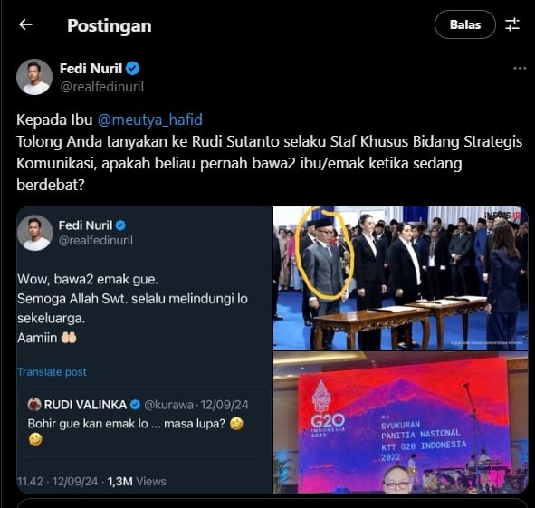 Cuitan Fedi Nuril ungkap aib Stafsus Menkomdigi Rudi Sutanto. (tangkapan layar/X)