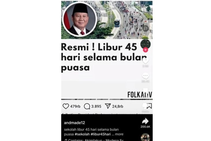 Cek Fakta Prabowo Subianto resmi umumkan anak sekolah libur 45 hari saat Ramadhan (tiktok)