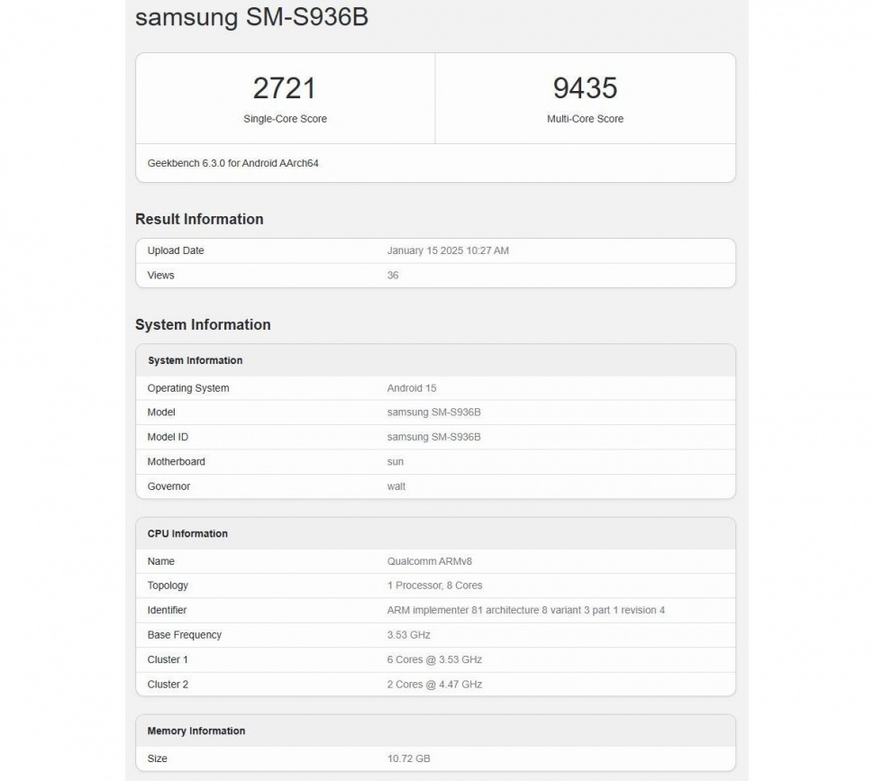 Hasil pengujian Geekbench Samsung Galaxy S25 Plus. (GSM Arena)