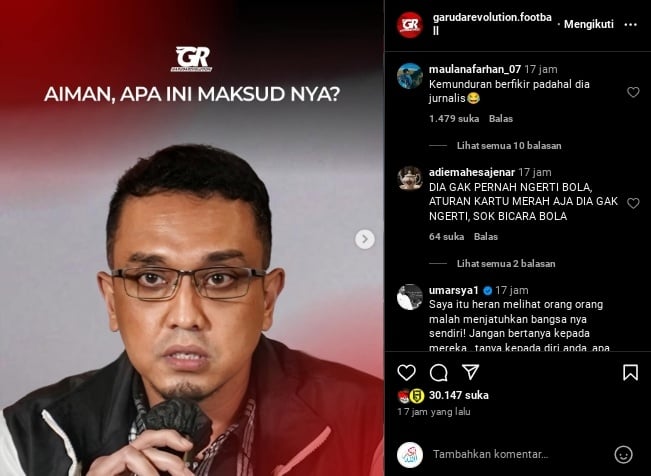 Presenter Aiman Witjaksono dihujat netizen karena dituding membeda-bedakan antara pemain naturalisasi dan pemain lokal Timnas Indonesia. (IG @garuda Revolution.football)