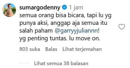 Komentar Denny Sumargo di Instagram Garry Julian (Instagram/garryyjuliannn)