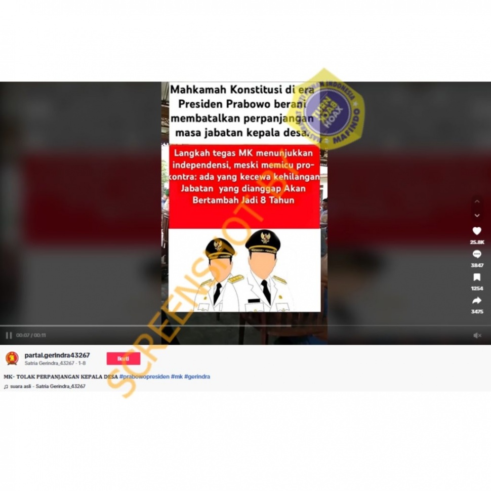 Cek Fakta MK era Prabowo Batalkan Perpanjangan Jabatan Kepala Desa (Youtube)