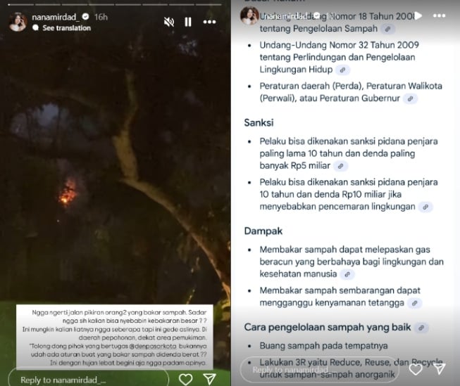 Nana Mirdad kesal ada tetangga yang bakar sampah di dekat pemukiman (Instagram)