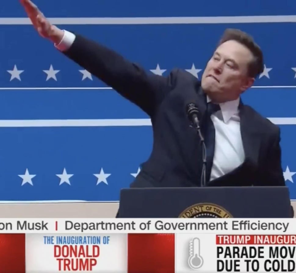 Gesture Elon Musk saat pidato di pelantikan Donald Trump yang menimbulkan kontroversi. (Tangkapan layar, Twitter)