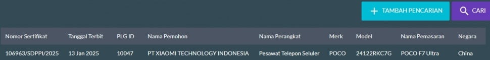 POCO F7 Ultra lolos sertifikasi di Indonesia. (SDPPI)