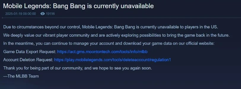 Mobile Legends sempat tak bisa diakses di AS. (Moonton)