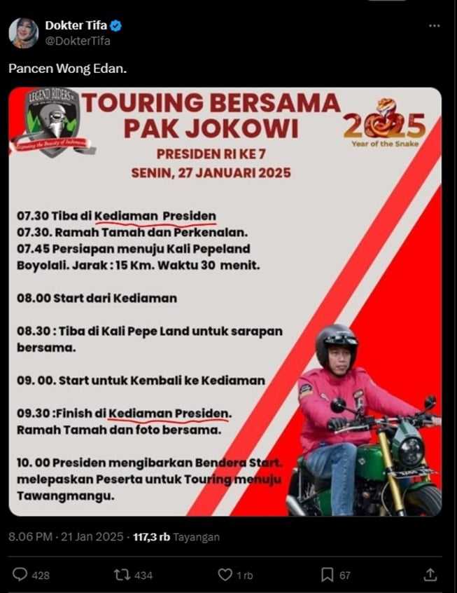 Dokter Tifa komentari acara touring bersama Jokowi (X)