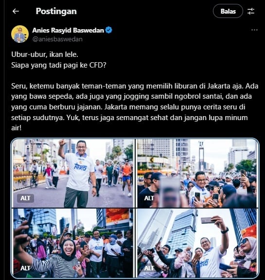 Cuitan Anies Baswedan saat berolah raga di kawasan CFD, Jakarta. (Tangkapan layar/X)