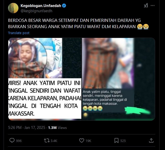 Cek Fakta anak yatim piatu meninggal karena kelaparan (X)