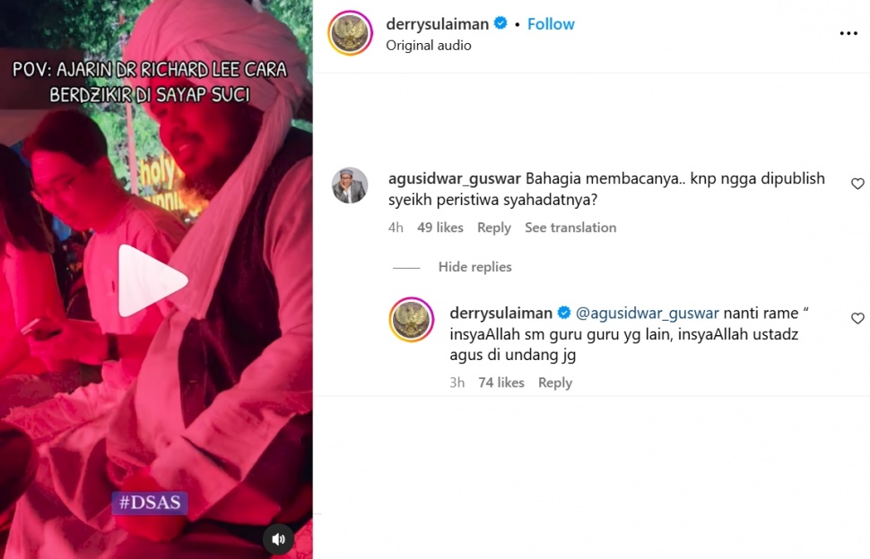 Komentar Ustaz Derry Sulaiman soal momen mualaf dokter Richard Lee (Instagram)