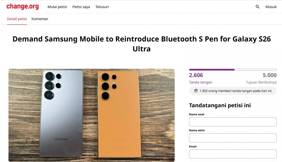 Petisi untuk mengembalikan Bluetooth pada S Pen Galaxy S26 Ultra. (Change.org)