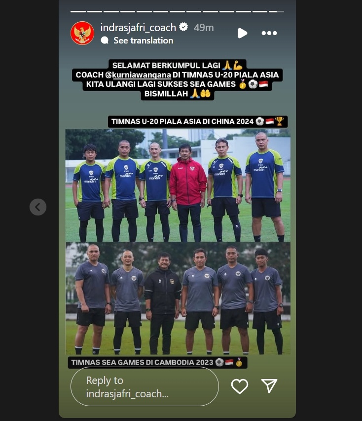 Indra Sjafri memberikan sambutan gembira untuk Kurniawan Dwi Yulianto yang gabung timnas Indonesia U-20. (Instagram/@indrasjafri_coach)