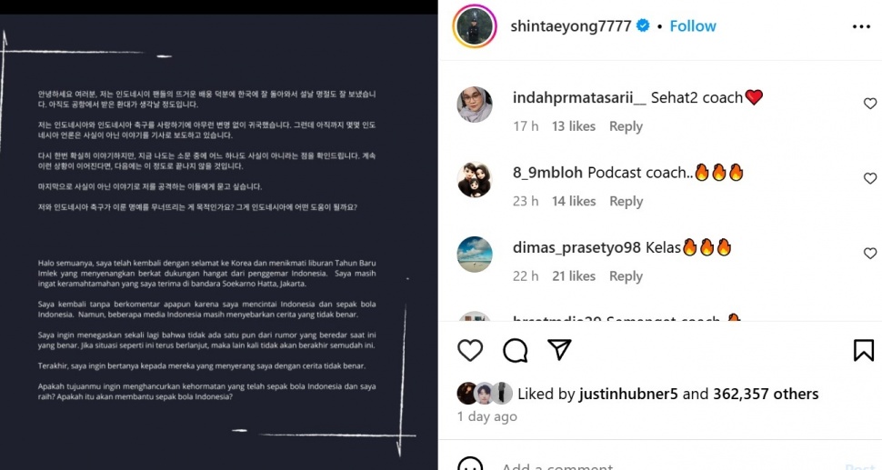 Eks pelatih Timnas Indonesia, Shin Tae-yong buka suara perihal tudingan miring dari sejumlah media Indonesia. [Tangkap layar Instagram]