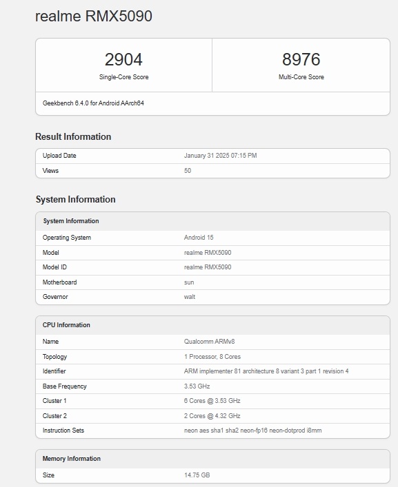 Realme GT 7 muncul di Geekbench. (Geekbench)