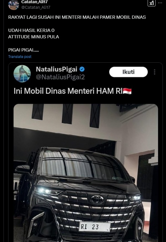 Menteri HAM RI Natalius Pigai bagikan penampakan mobil dinasnya (X)