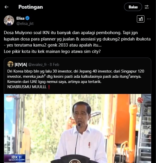 Cuitan Elisa Sutanudjaja terkait video lawas Jokowi soal klaim IKN diserbu investor asing. (tangkapan layar/X)