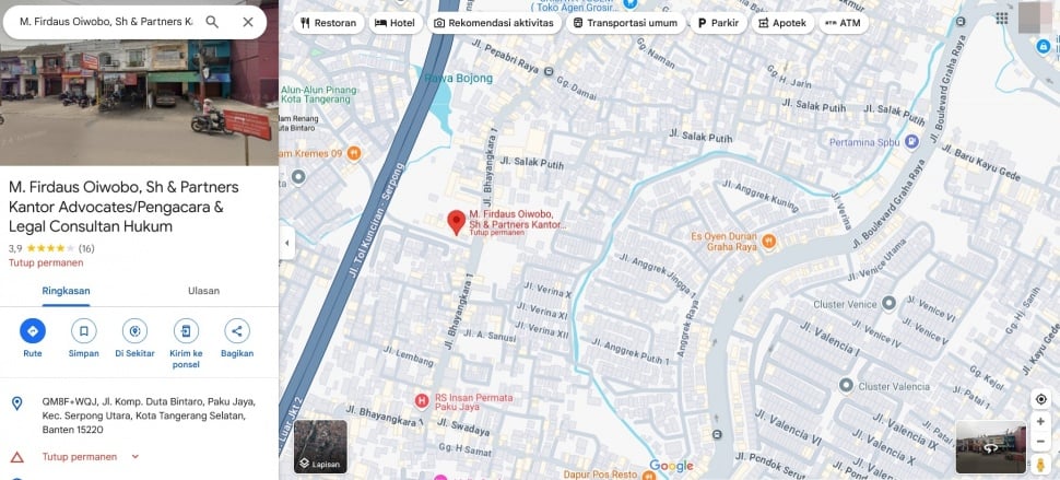 Tangkapan layar penelusuran kantor hukum Firdaus Oiwobo di Google Maps. [google.com/maps]