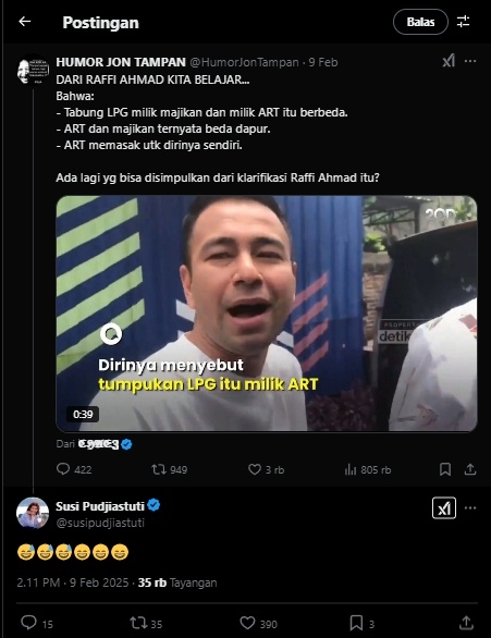 Reaksi tertawa mantan Menteri KKP, Susi Pudjiastuti menanggapi video Raffi Ahmad yang menyangkal soal kepemilikan gas melon. (tangkapan layar/ist)