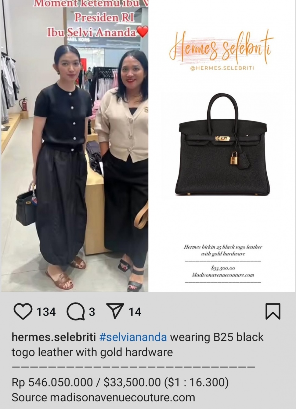 Gaya Minimalis, Tas Maksimalis: Selvi Ananda Pakai Hermes Birkin Rp546 Juta (Instagram/hermes.selebriti)