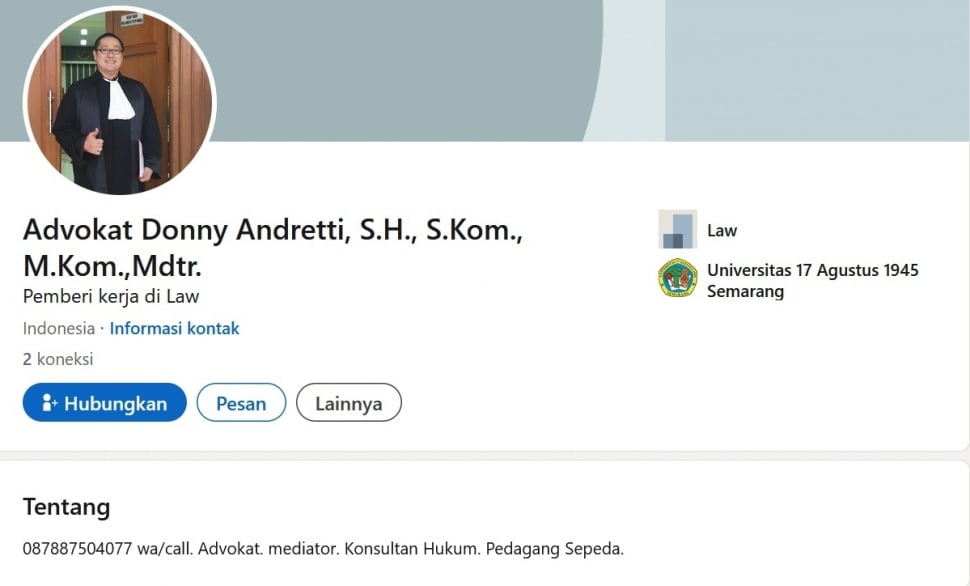 Tangkapan layar akun LinkedIn diduga milik Donny Andretti, Ketua Umum Feradi WPI. [LinkedIn]