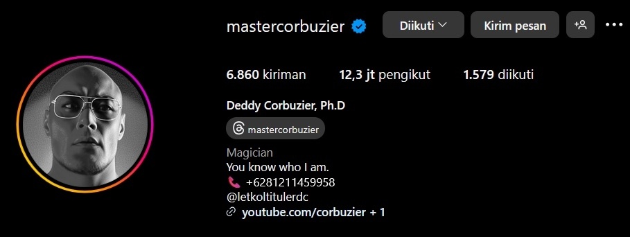 Bio Instagram Deddy Corbuzier mencantumkan gelar Ph.D. [Instagram/@mastercorbuzier]