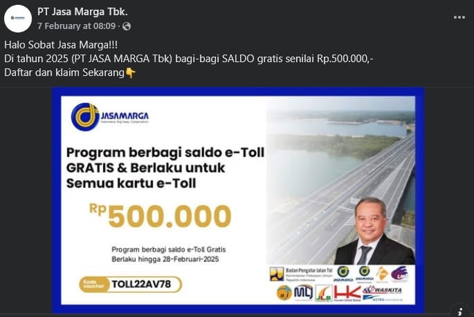 Cek Fakta program bagi-bagi saldo e-toll gratis (Facebook)