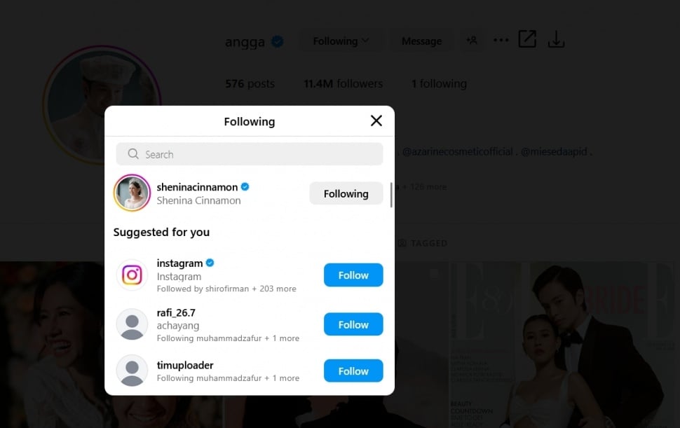 Tangkapan layar Angga Yunanda hanya mengikuti akun Shenina Cinnamon. [Instagram/@angga]