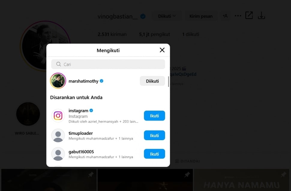 Tangkapan layar Vino G Bastian hanya mengikuti akun Marsha Timothy. [Instagram/@vinogbastian__]