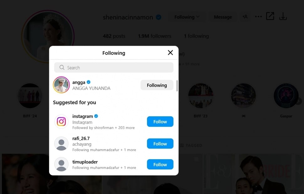 Tangkapan layar Shenina Cinnamon hanya mengikuti akun Angga Yunanda. [Instagram/@sheninacinnamon]