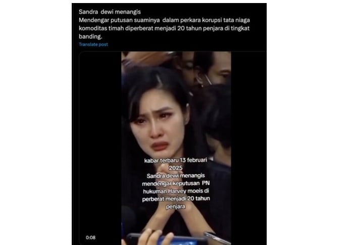 Cek Fakta Video Sandra Dewi Menangis usai suaminya divonis 20 tahun penjara (X)