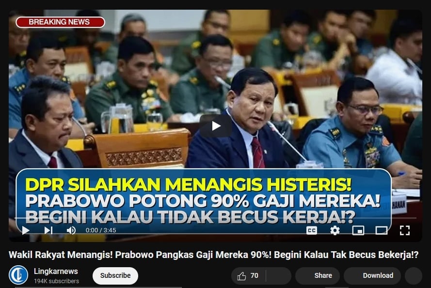 Cek Fakta Prabowo pangkas gaji DPR (Youtube)