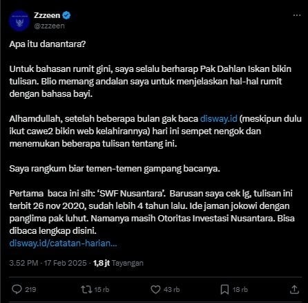 Viral cuitan warganet soal Danantara melalui penjelasan Dahlan Iskan (X/@zzzeen)