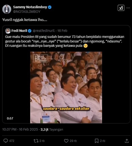 Cuitan Sammy Notaslimboy soal Yusril yang tidak tertawa pidato Prabowo (X)