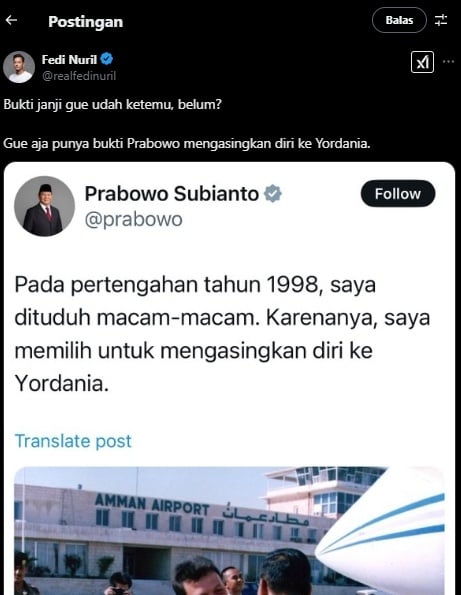 Cuitan Fedi Nuril menguliti masa lalu Prabowo saat mengasingkan diri ke Yordania. (Tangkapan layar/X)