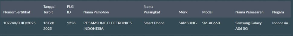 Samsung Galaxy A06 5G lolos sertifikasi di Indonesia. (SDPPI)