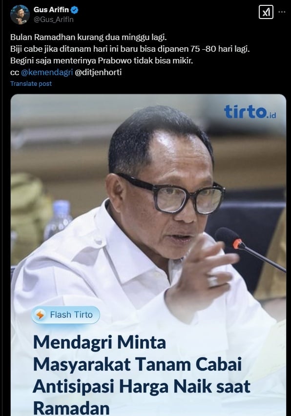 Gus Arifin memberi kritikan untuk Mendagri. (X)